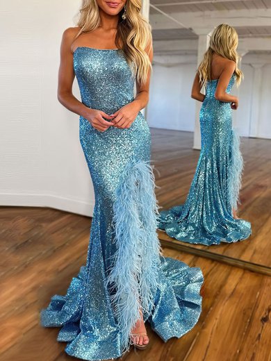 Trumpet/Mermaid Straight Sequined Sweep Train Prom Dresses With Feathers / Fur #Milly020119920