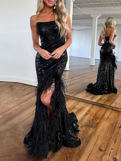 Trumpet/Mermaid Straight Sequined Sweep Train Prom Dresses With Feathers / Fur #Milly020119921
