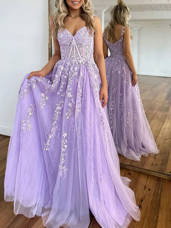 Ball Gown/Princess V-neck Lace Tulle Sweep Train Prom Dresses With Appliques Lace S020119927