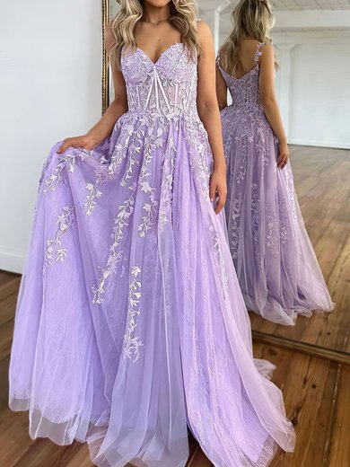 Ball Gown/Princess V-neck Lace Tulle Sweep Train Prom Dresses With Appliques Lace #Milly020119927