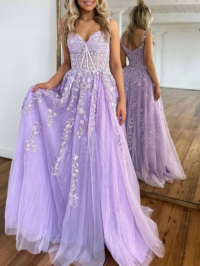 Ball Gown/Princess V-neck Lace Tulle Sweep Train Prom Dresses With Appliques Lace #Milly020119927