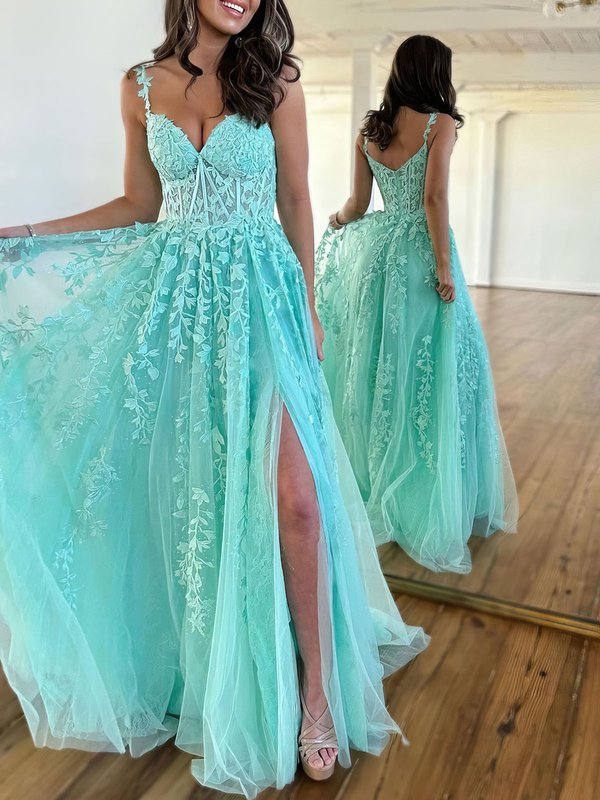 Ball Gown/Princess V-neck Lace Tulle Sweep Train Prom Dresses With ...