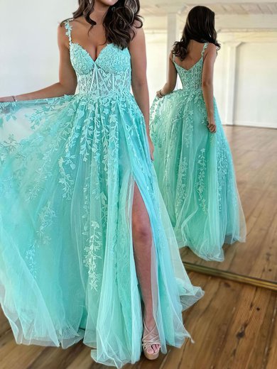 Ball Gown/Princess V-neck Lace Tulle Sweep Train Prom Dresses With Appliques Lace #Milly020119928