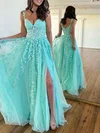 Ball Gown/Princess V-neck Lace Tulle Sweep Train Prom Dresses With Appliques Lace S020119928