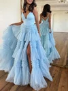 Ball Gown/Princess V-neck Tulle Glitter Sweep Train Prom Dresses With Tiered S020119931