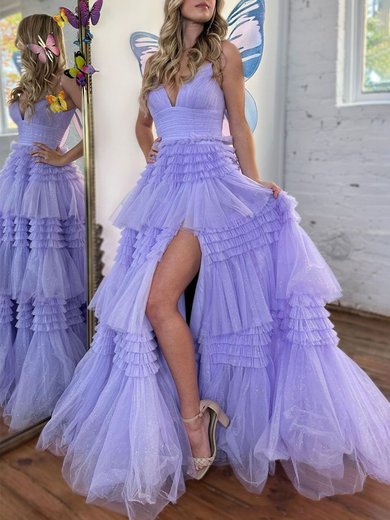 Ball Gown/Princess V-neck Tulle Glitter Sweep Train Prom Dresses With Tiered #Milly020119933