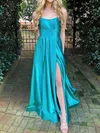 A-line Square Neckline Satin Sweep Train Prom Dresses With Pockets #Milly020119935