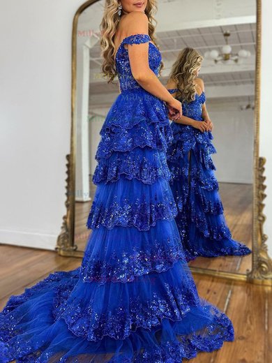 Ball Gown/Princess Off-the-shoulder Tulle Sweep Train Prom Dresses With Tiered S020119937