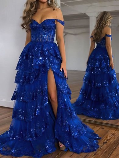 Ball Gown/Princess Off-the-shoulder Tulle Sweep Train Prom Dresses With Appliques Lace #Milly020119937