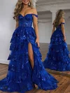 Ball Gown/Princess Off-the-shoulder Tulle Sweep Train Prom Dresses With Appliques Lace #Milly020119937