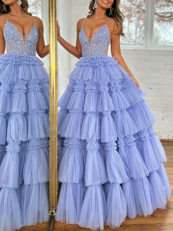 Ball Gown/Princess V-neck Tulle Floor-length Prom Dresses With Beading #Milly020119943
