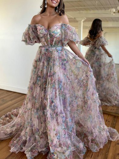 Ball Gown/Princess Off-the-shoulder Tulle Court Train Prom Dresses With Sashes / Ribbons #Milly020119949