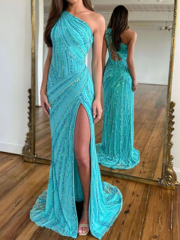 Sheath/Column One Shoulder Sequined Sweep Train Prom Dresses With Split Front #Milly020119955