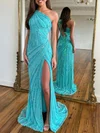 Sheath/Column One Shoulder Sequined Sweep Train Prom Dresses With Split Front #Milly020119955
