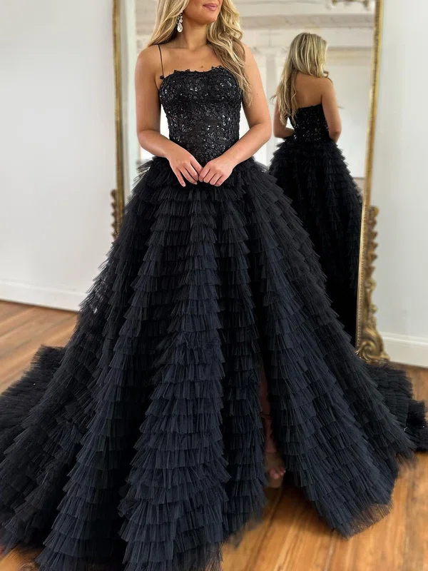 Ball Gown/Princess Sweetheart Tulle Court Train Prom Dresses With Appliques Lace #Milly020119963