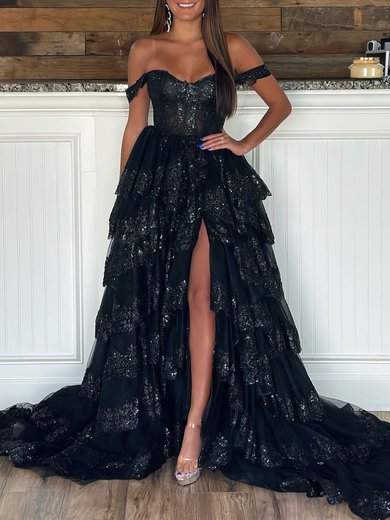 Ball Gown/Princess Off-the-shoulder Tulle Sweep Train Prom Dresses With Tiered #Milly020119976