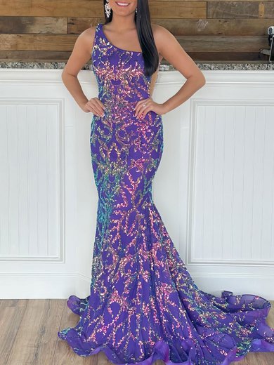 Trumpet/Mermaid One Shoulder Sequined Sweep Train Prom Dresses #Milly020119979
