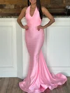 Trumpet/Mermaid Halter Jersey Sweep Train Prom Dresses With Ruched #Milly020119982