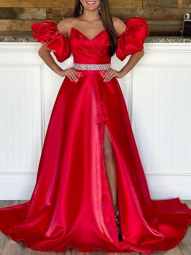 Ball Gown/Princess V-neck Satin Sweep Train Prom Dresses With Ruched #Milly020119988