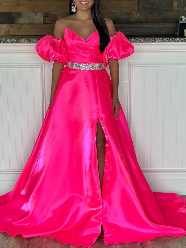 Ball Gown/Princess V-neck Satin Sweep Train Prom Dresses With Ruched #Milly020119991
