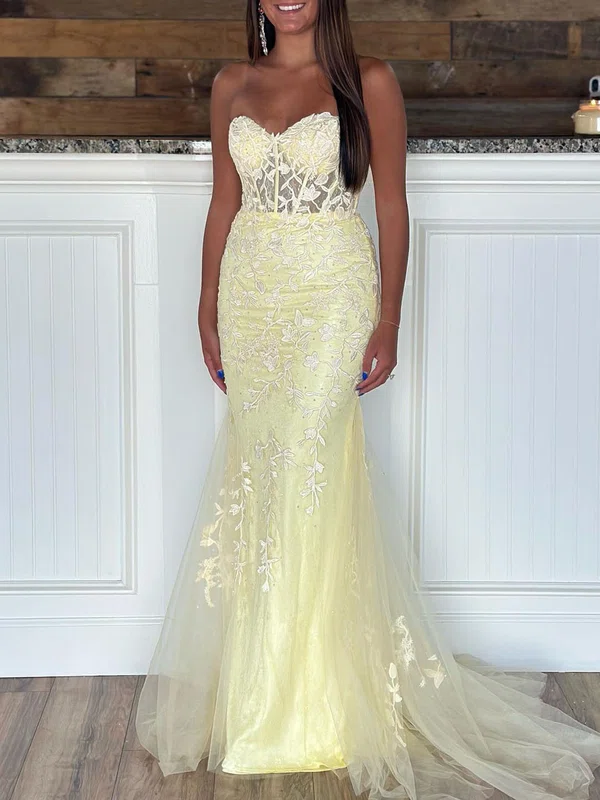 Trumpet/Mermaid Sweetheart Lace Tulle Sweep Train Prom Dresses With Appliques Lace #Milly020119993