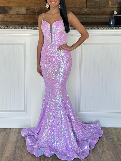 Trumpet/Mermaid V-neck Sequined Sweep Train Prom Dresses #Milly020119995