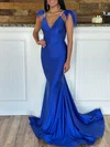 Trumpet/Mermaid V-neck Jersey Sweep Train Prom Dresses With Feathers / Fur #Milly020119996