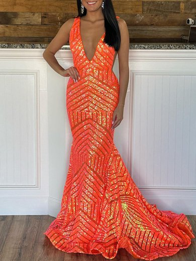 Trumpet/Mermaid V-neck Sequined Sweep Train Prom Dresses #Milly020119998