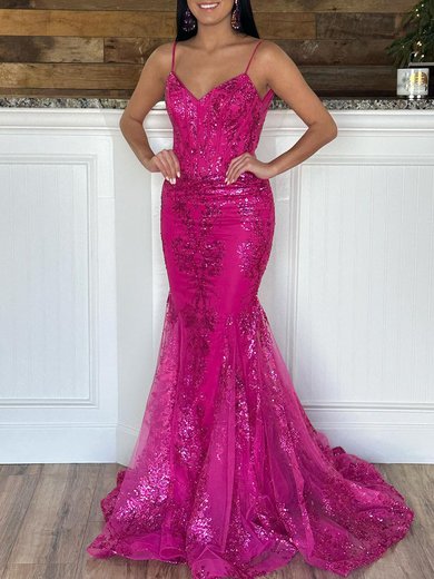 Trumpet/Mermaid V-neck Tulle Sequined Sweep Train Prom Dresses With Appliques Lace #Milly020120003