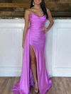Sheath/Column Asymmetrical Neck Jersey Sweep Train Prom Dresses With Ruched #Milly020120005