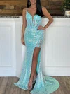 Trumpet/Mermaid V-neck Sequined Sweep Train Prom Dresses With Appliques Lace #Milly020120007