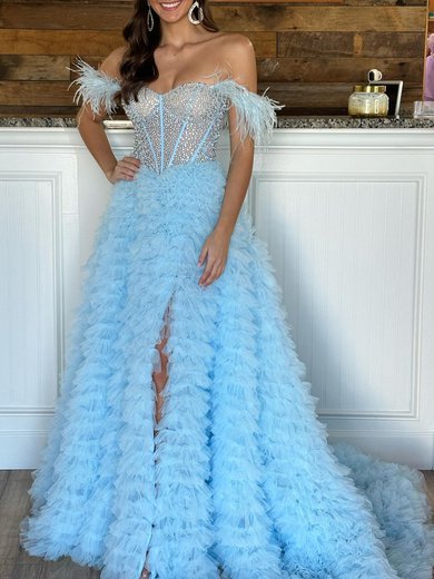 Ball Gown/Princess Off-the-shoulder Tulle Sweep Train Prom Dresses With Tiered #Milly020120008