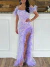 Trumpet/Mermaid Square Neckline Sequined Sweep Train Prom Dresses With Feathers / Fur #Milly020120012