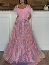 Ball Gown/Princess Square Neckline Sequined Sweep Train Prom Dresses With Appliques Lace #Milly020120014