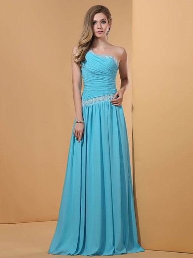 Affordable Blue Chiffon with Beading Floor-length One Shoulder Prom Dress #02014353