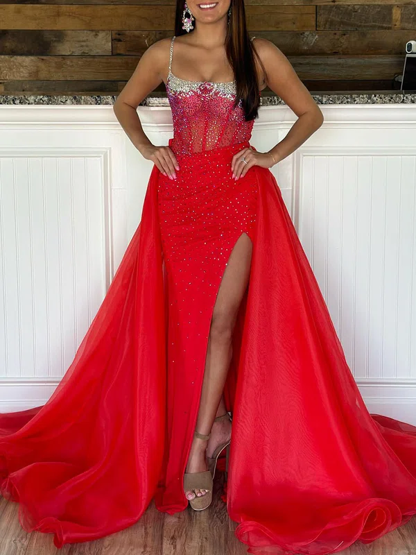 Trumpet/Mermaid Square Neckline Organza Tulle Watteau Train Prom Dresses With Split Front #Milly020120021
