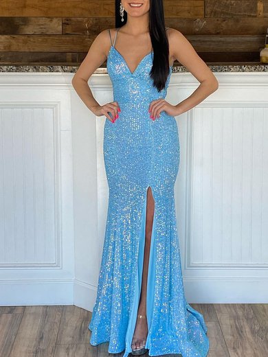 Trumpet/Mermaid V-neck Sequined Sweep Train Prom Dresses With Split Front #Milly020120023
