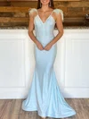 Trumpet/Mermaid V-neck Jersey Sweep Train Prom Dresses With Feathers / Fur #Milly020120025