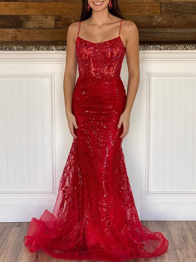 Trumpet/Mermaid Scoop Neck Tulle Glitter Sweep Train Prom Dresses With Beading #Milly020120030