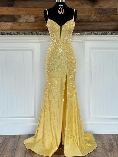 Trumpet/Mermaid V-neck Jersey Sweep Train Prom Dresses With Split Front #Milly020120031