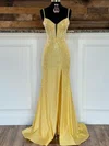 Trumpet/Mermaid V-neck Jersey Sweep Train Prom Dresses With Split Front #Milly020120031
