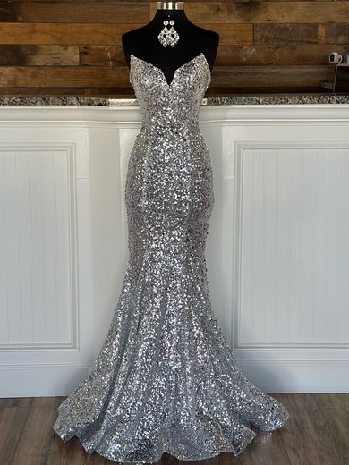 Trumpet/Mermaid V-neck Sequined Sweep Train Prom Dresses #Milly020120035