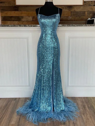 Mermaid Square Neck Sparkly Sequin Prom Dresses With Feather #Milly020120036