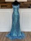 Trumpet/Mermaid Square Neckline Sequined Sweep Train Prom Dresses With Feathers / Fur #Milly020120036
