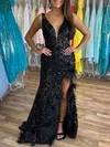 Trumpet/Mermaid V-neck Sequined Sweep Train Prom Dresses With Feathers / Fur #Milly020120050