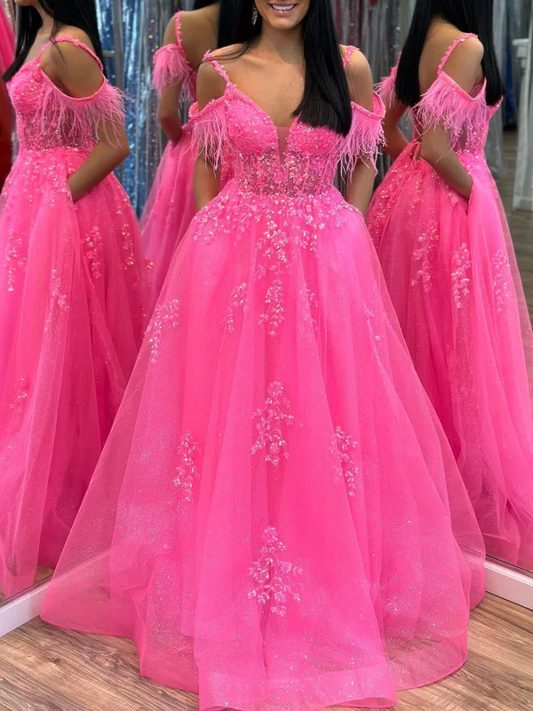 Ball Gown/Princess V-neck Glitter Sweep Train Prom Dresses With Pockets #Milly020120051