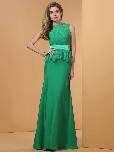 Scoop Neck Green Lace Silk-like Satin Sashes / Ribbons Sheath/Column Prom Dresses #02023196