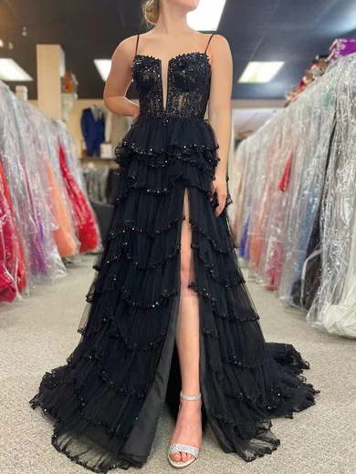 Ball Gown V-neck Tulle Tiered Prom Dresses With Appliques #Milly020120221