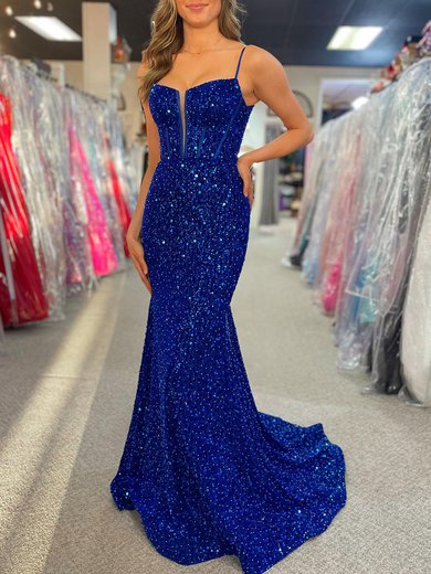 Trumpet/Mermaid V-neck Velvet Sequins Sweep Train Prom Dresses #Milly020120226