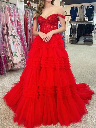 Ball Gown Off-the-shoulder Tulle Tiered Prom Dresses With Appliques #Milly020120230